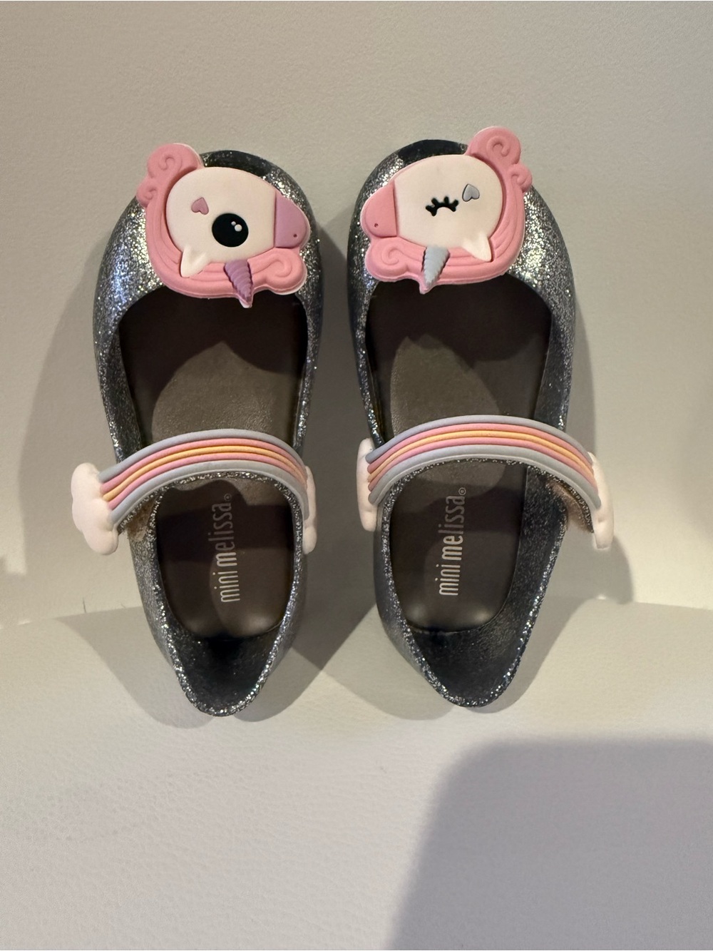 ☀️🌊Mini Melissa Silver Glitter Mary Janes with Pink Unicorn & Rainbow Strap
